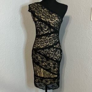 bebe One-Shoulder Black Lace Over Nude Mini Dress